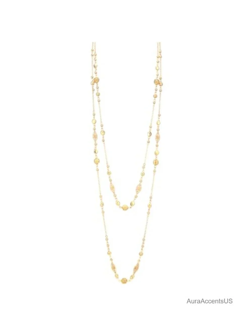 Gold Plated Layered Long Necklace Natural Stone Beaded Double Strand Statement